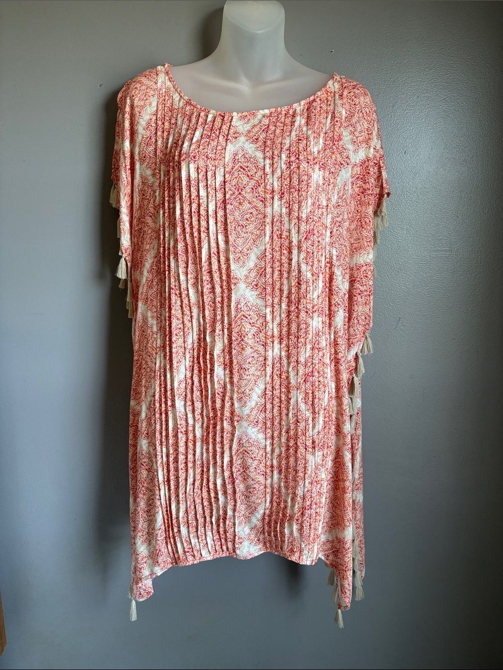Chico's orange coral & cream pleated tunic top * sz S / M